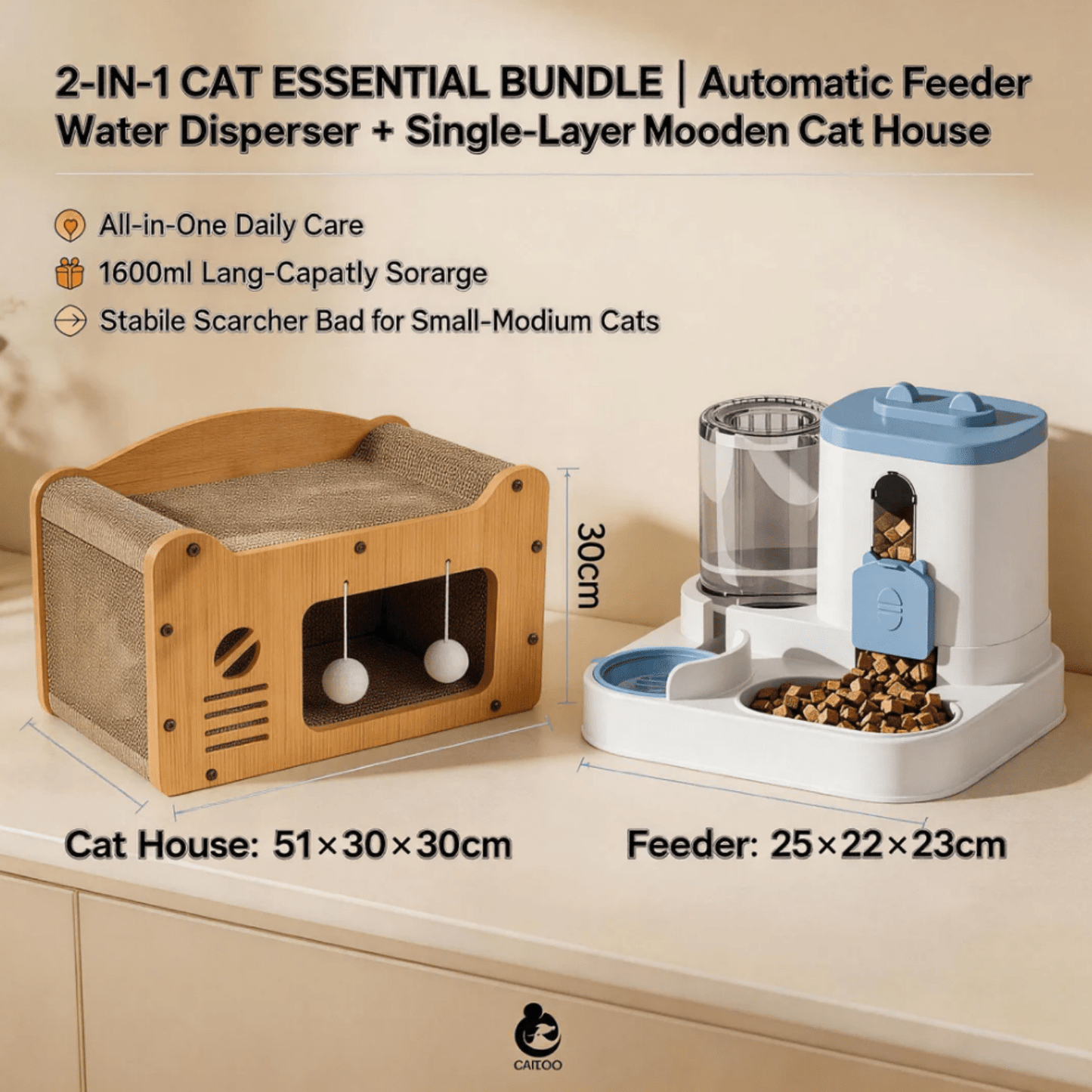 Multi-Level Wooden Cat Scratcher House Combo
