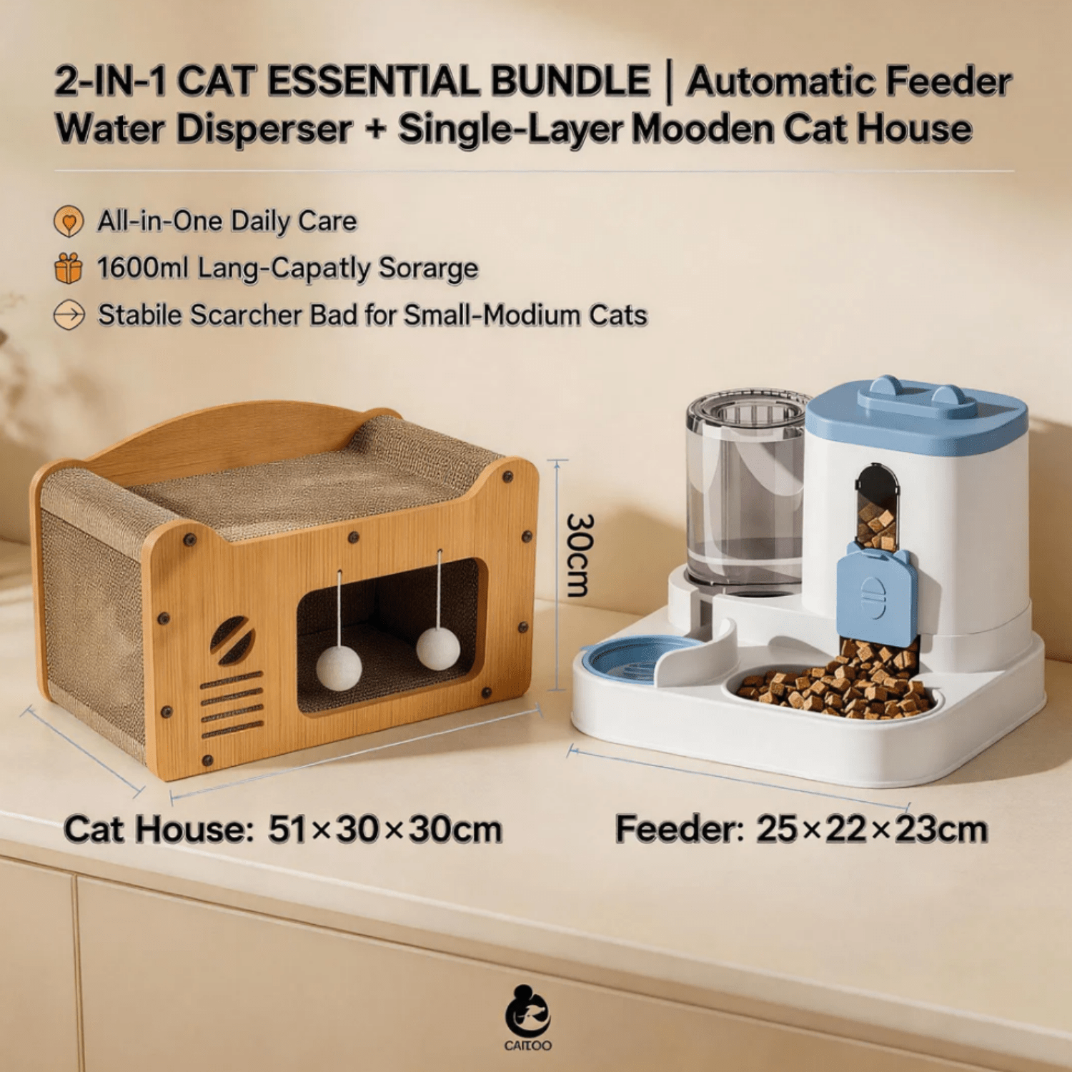 Multi-Level Wooden Cat Scratcher House Combo