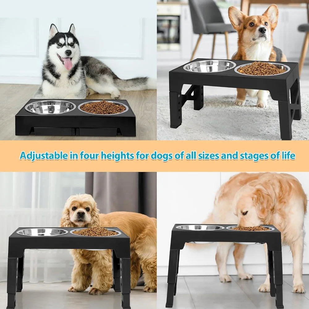 Elevated Dog Feeding Bowl Stand — Adjustable Height, Double Stainless Steel Bowls