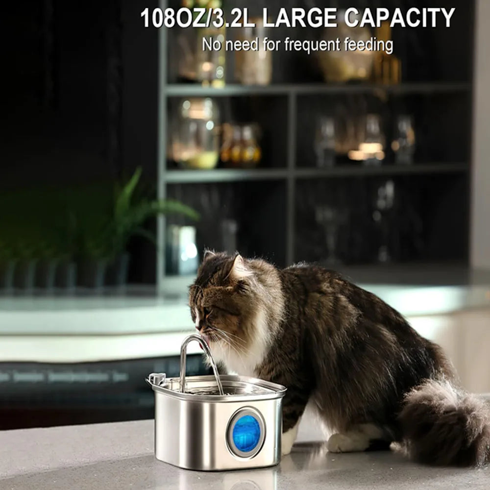 Stainless Steel Pet Water Fountain — 3.2L Auto Filter, Ultra Quiet
