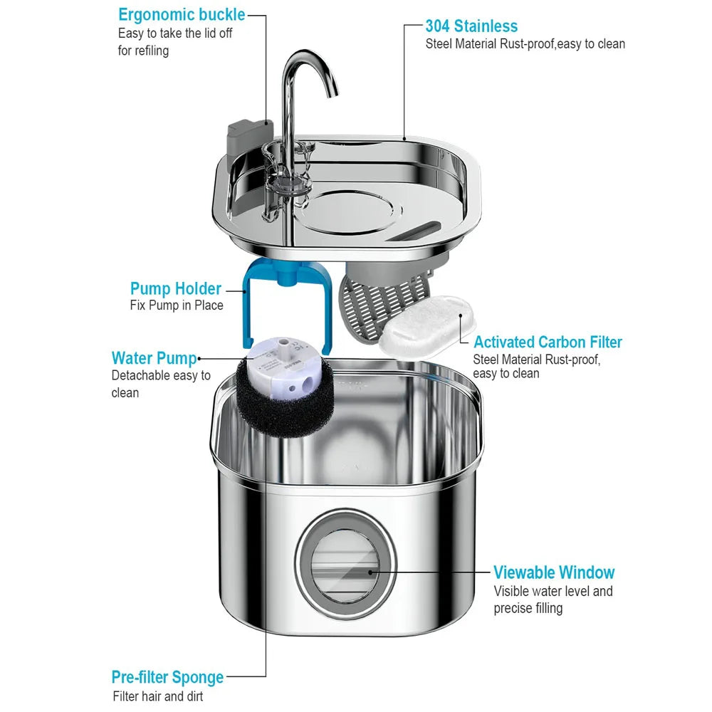 Stainless Steel Pet Water Fountain — 3.2L Auto Filter, Ultra Quiet