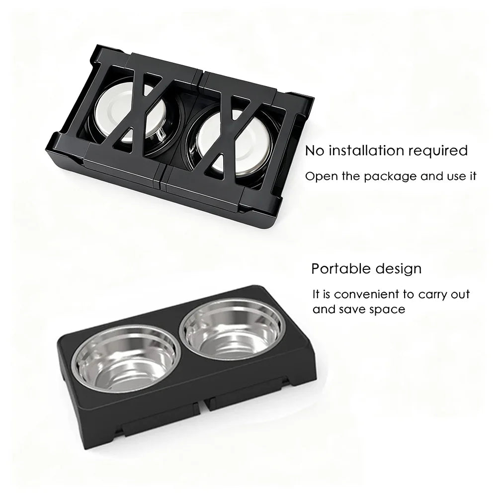 Elevated Dog Feeding Bowl Stand — Adjustable Height, Double Stainless Steel Bowls