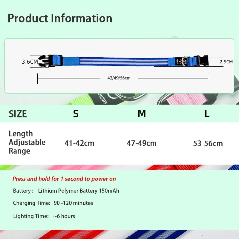 LED Safety Dog Collar — USB Rechargeable Glowing Night Walk Collar