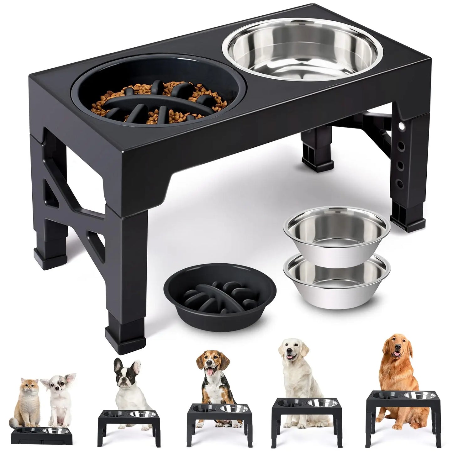Elevated Dog Feeding Bowl Stand — Adjustable Height, Double Stainless Steel Bowls