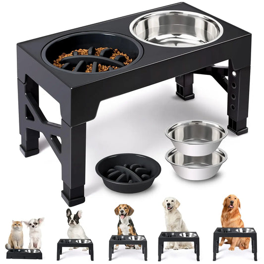 Elevated Dog Feeding Bowl Stand — Adjustable Height, Double Stainless Steel Bowls