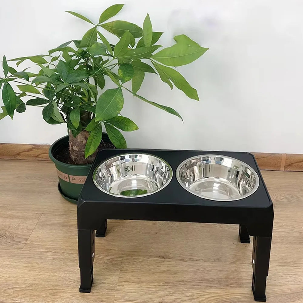 Elevated Dog Feeding Bowl Stand — Adjustable Height, Double Stainless Steel Bowls