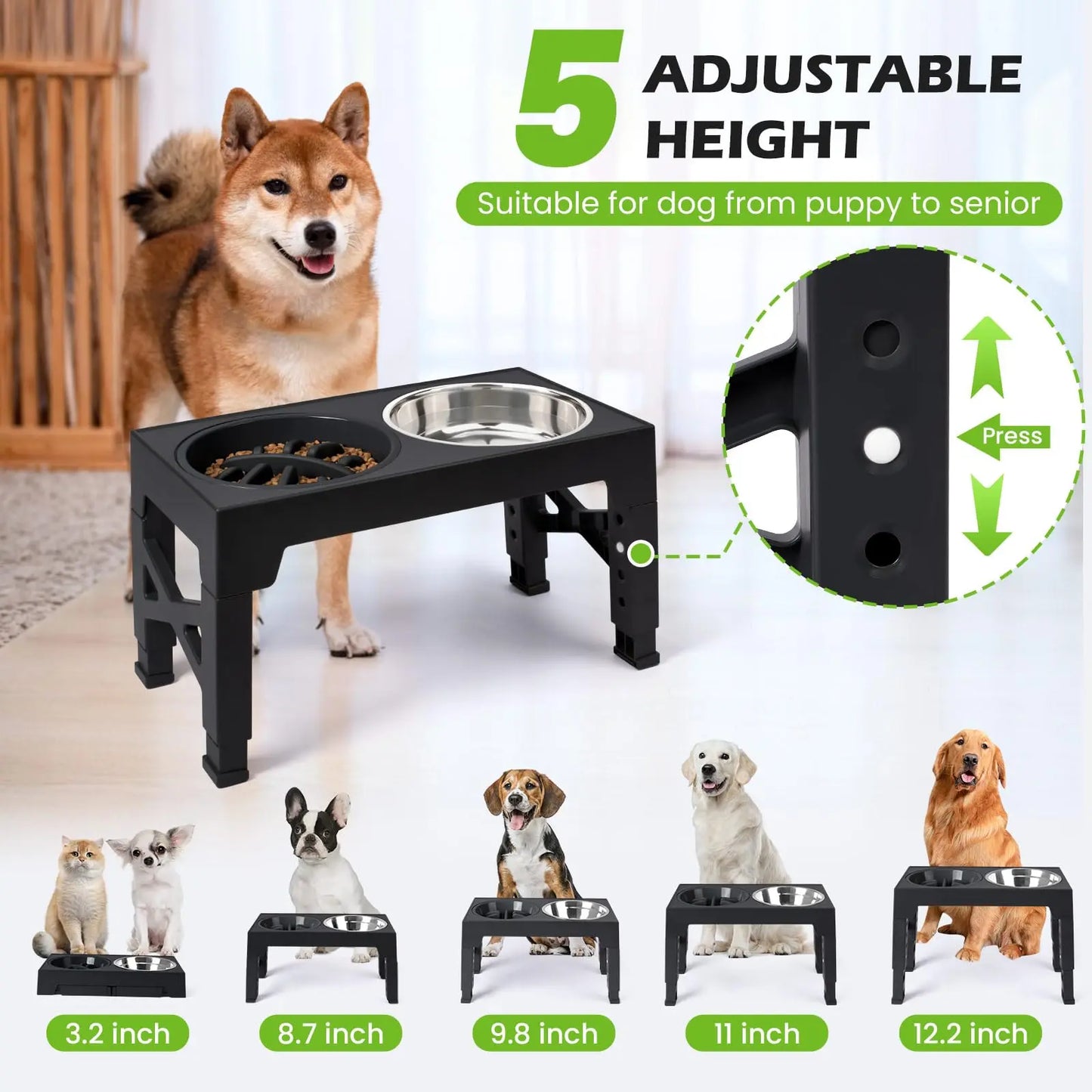Elevated Dog Feeding Bowl Stand — Adjustable Height, Double Stainless Steel Bowls