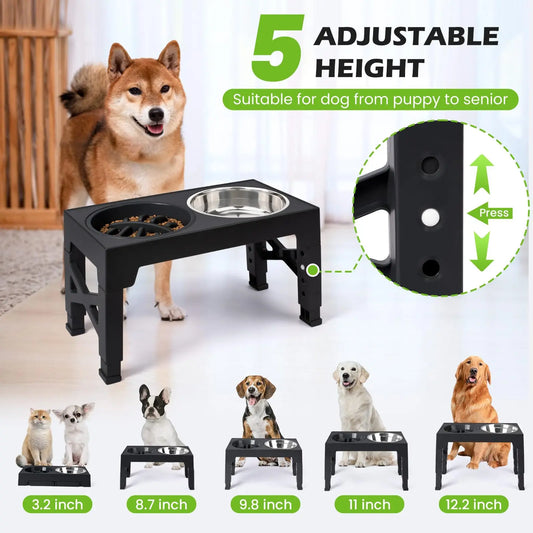 Elevated Dog Feeding Bowl Stand — Adjustable Height, Double Stainless Steel Bowls